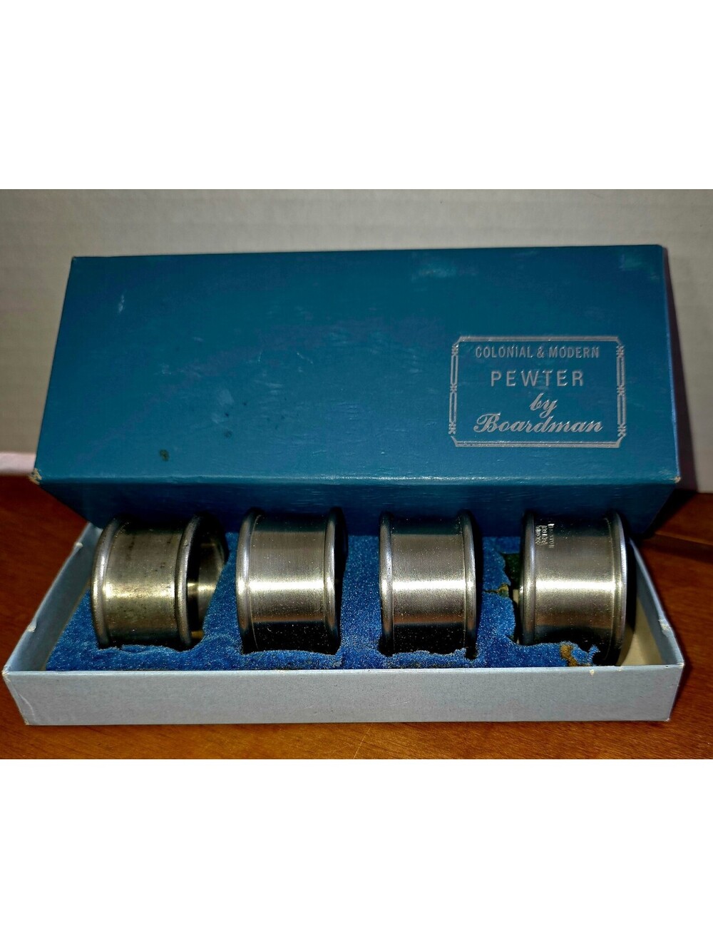 Vintage set of colonial pewter Boardman napkin rings